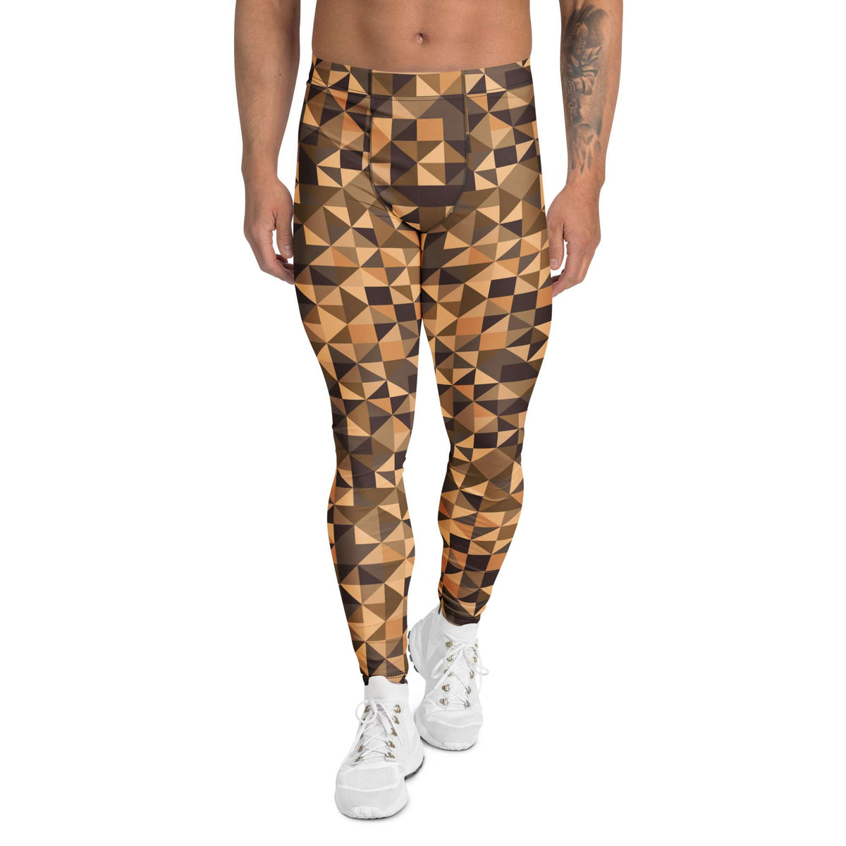 Person wearing geometric patterned leggings on a white background