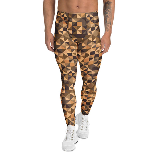 Person wearing geometric patterned leggings on a white background