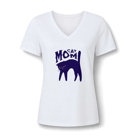 A white women's short-sleeve V-neck T-shirt with a dark purple graphic of a cat silhouette and the words 'CAT MOM' printed on the chest, shown on a plain white background.