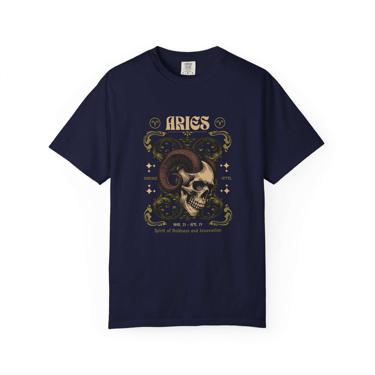 A navy blue short-sleeve t-shirt with a detailed graphic print on the front featuring a ram skull, stars, and the word 'ARIES' in a decorative font.