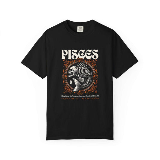 A black short-sleeve crewneck t-shirt featuring a Pisces zodiac graphic on the chest, displayed against a solid white background.