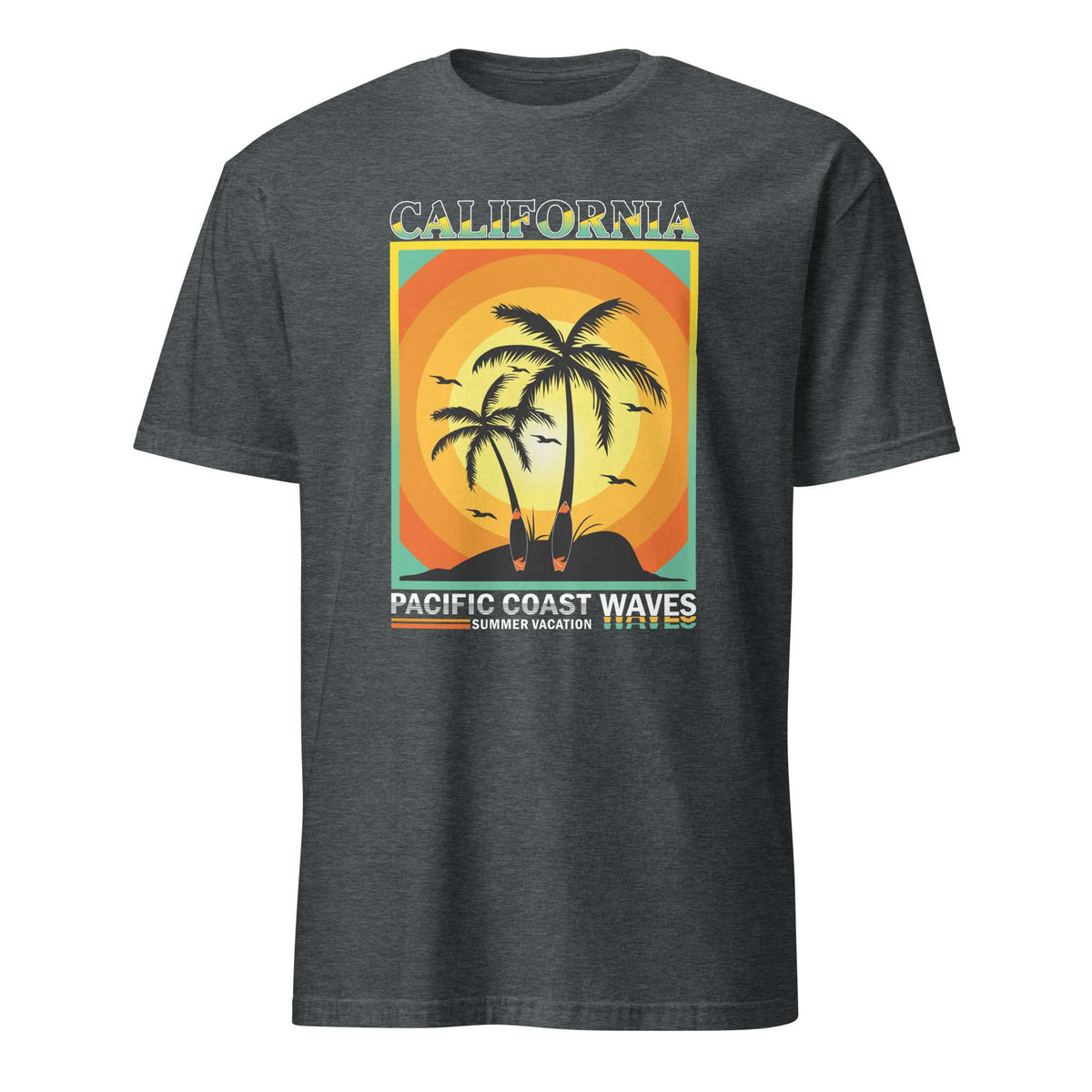 A dark heather gray t-shirt with a retro-style graphic on the chest depicting a sunset over a California beach with palm trees and surfboards, and the text 'CALIFORNIA PACIFIC COAST WAVES'. California Beach Sunset Waves Graphic Tee