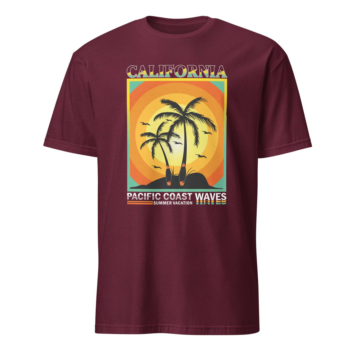 A maroon short-sleeve crewneck t-shirt featuring a retro-style graphic print of a California sunset with palm trees and surfboards on a beach, with the text 'CALIFORNIA' and 'PACIFIC COAST WAVES'. California Coastal Waves and Sunset T-Shirt Design