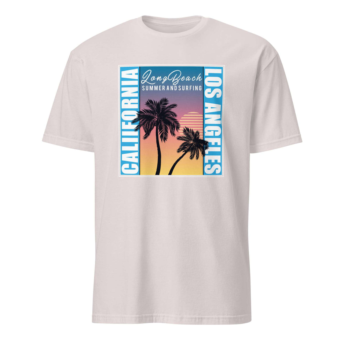 A light beige crewneck t-shirt featuring a retro-style graphic print on the chest with palm trees, a sunset gradient, and vertical text reading 'CALIFORNIA', 'Long Beach', 'LOS ANGELES', and 'SUMMER AND SURFING'. California Palm Trees Sunset Tee for Casual Wear