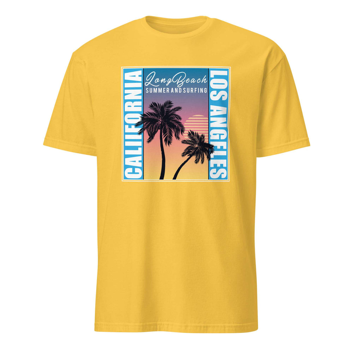 A yellow short-sleeve crewneck t-shirt featuring a retro-style graphic print on the chest with palm trees, a sunset gradient, and vertical text reading 'CALIFORNIA', 'Long Beach', 'LOS ANGELES', and 'SUMMER AND SURFING'. California Sunset Graphic T-Shirt with Palm Trees