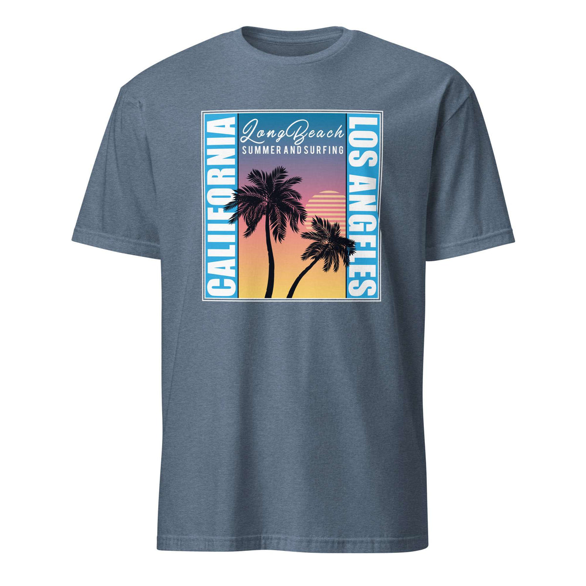 A slate blue crewneck t-shirt featuring a retro-style graphic print on the front with palm trees, a sunset gradient, and the text 'Long Beach', 'LOS ANGELES', and 'CALIFORNIA SUMMER AND SURFING'. California Sunset Palm Tree T-Shirt for Casual Wear