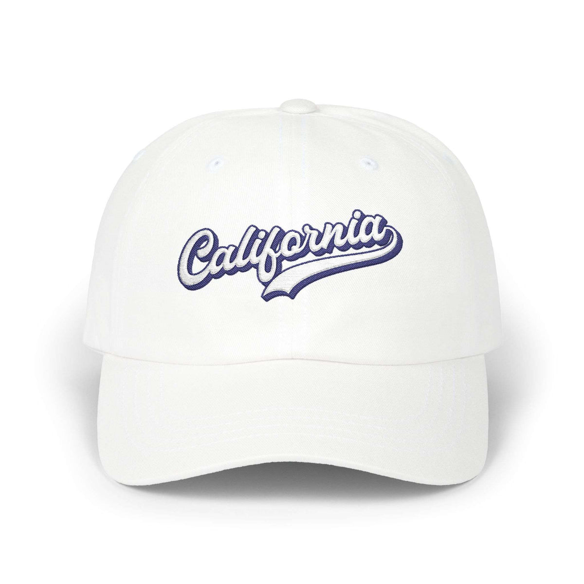 A white baseball cap featuring the word 'California' embroidered in a blue and white cursive script across the front panels, set against a plain white background. California Typography Embroidered Classic Dad Cap