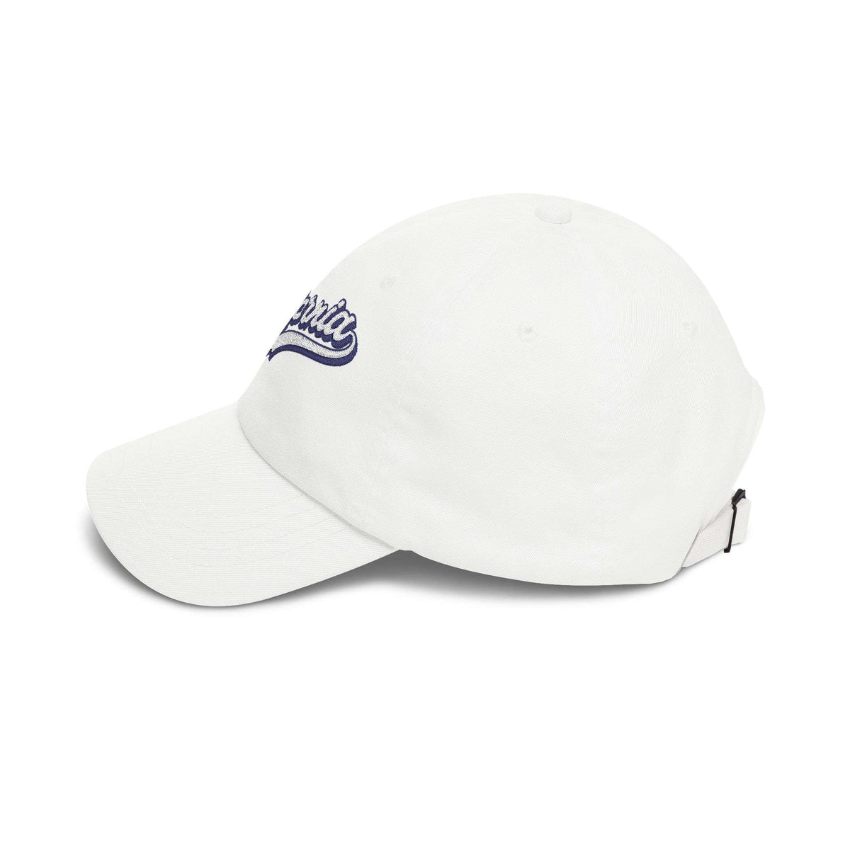 A white baseball cap with a navy blue embroidered script logo on the front, shown from a three-quarters angle on a white background. Casual California Typography Embroidered Classic Dad Cap