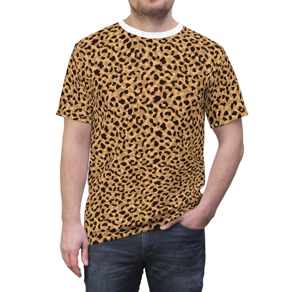 A man wearing a short-sleeve crewneck t-shirt with a brown and black leopard print pattern, paired with dark blue jeans, shown against a plain white background. Chic Bold Brown Leopard Print T-Shirt for Casual Wear