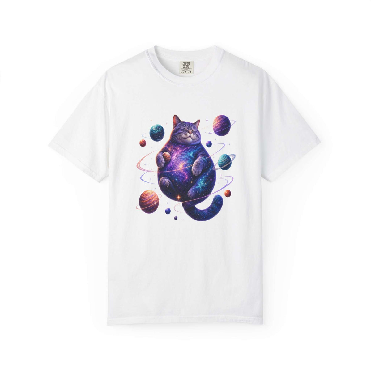 A white short-sleeve crewneck t-shirt featuring a colorful graphic print of a cosmic, galaxy-patterned cat surrounded by planets, displayed on a clean white background. Chic Celestial Feline: Space-Themed Cat T-Shirt for Casual Wear