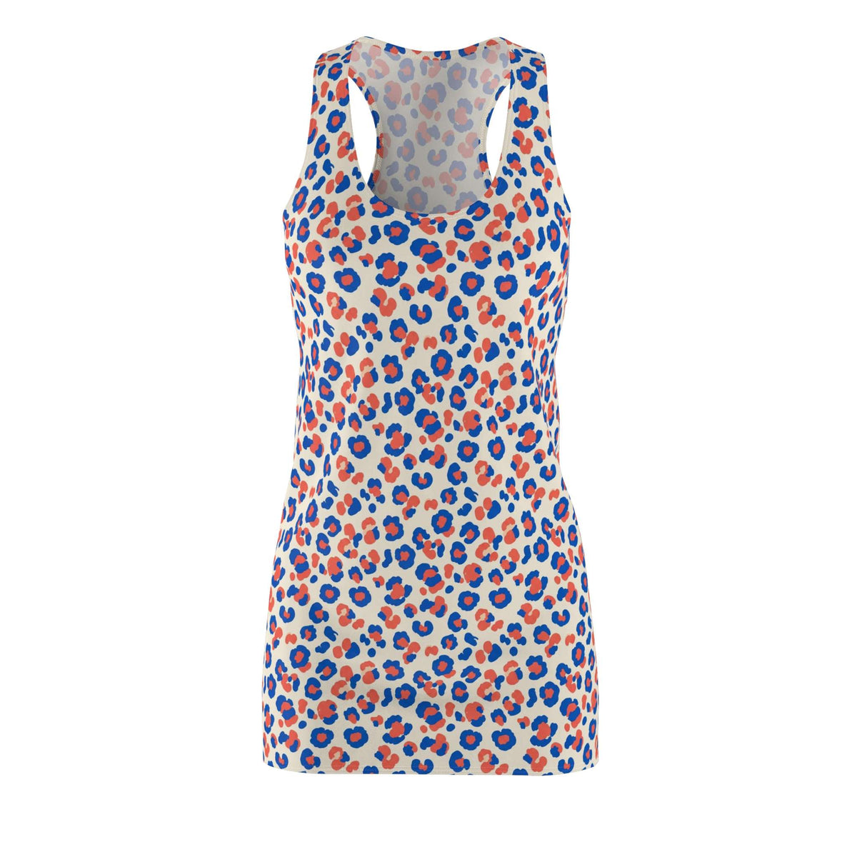 A sleeveless scoop-neck tank top featuring an all-over leopard print pattern in blue and orange on a cream background, displayed on a clean white studio background. Chic Comfortable Colorful Leopard Print Women's Racerback Dress