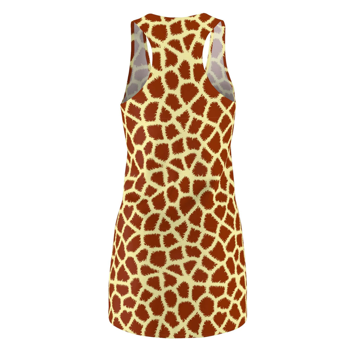 A sleeveless tank dress with a giraffe print pattern in brown and cream, shown from the back on a white background. Chic Comfortable Giraffe Print Women's Racerback Dress