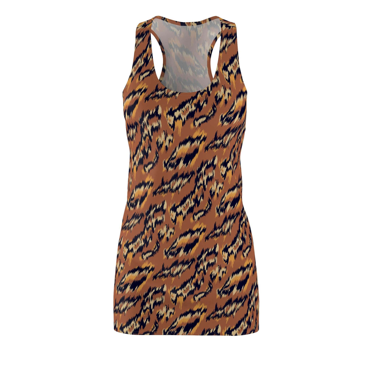 A sleeveless racerback tank top with an all-over tiger stripe pattern in brown, black, and beige, shown against a plain white background. Chic Lightweight Women's Summer Dress Bold Tiger Print