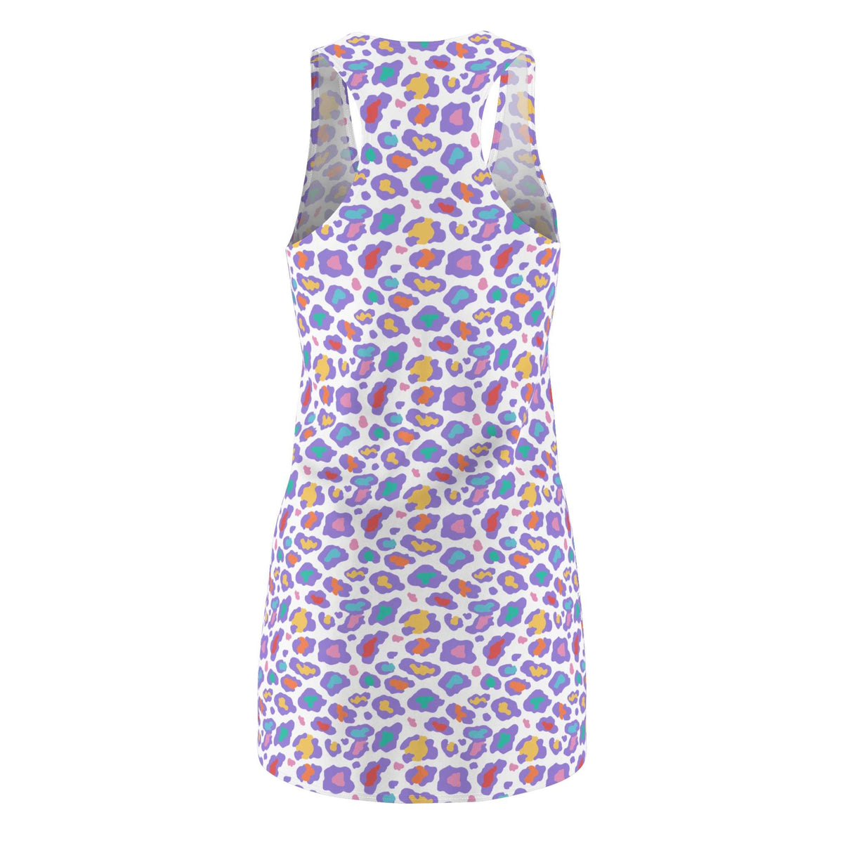A sleeveless white tank dress featuring an all-over colorful leopard print pattern with purple, blue, yellow, and orange spots, shown against a plain white background. Chic Pastel Bold Rainbow Leopard Print Women's Racerback Dress for Casual Wear