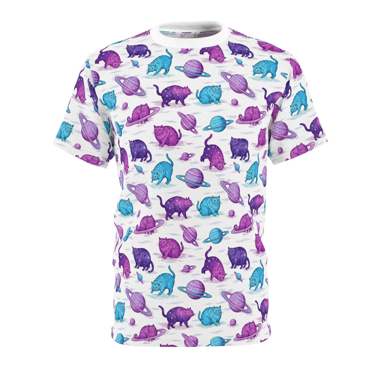 A white short-sleeve crewneck t-shirt featuring an all-over print of purple and blue cats with planets and rings, shown against a plain white background. Chubby Cats Orbiting Planets Graphic T-Shirt
