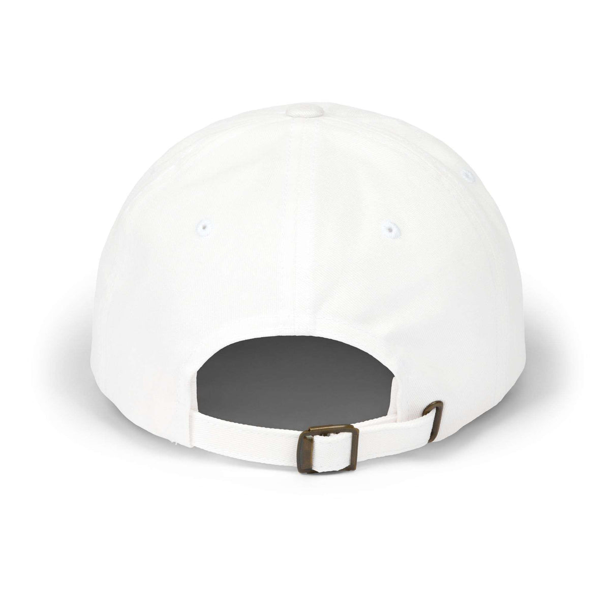 White baseball cap with a brown buckle on a white background Classic California Typography Embroidered Classic Dad Cap