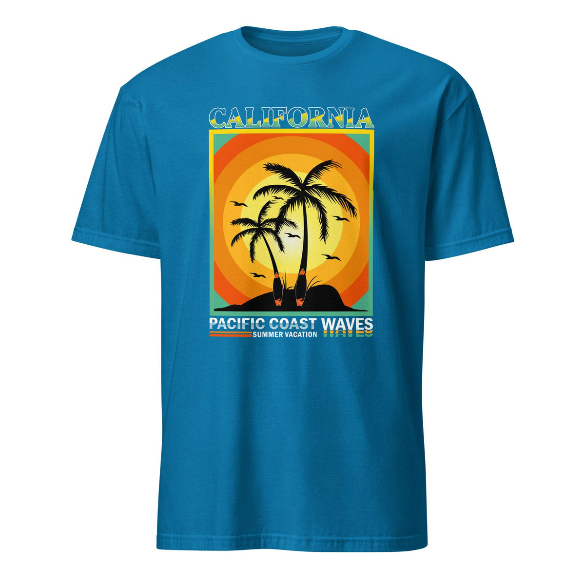 A bright blue short-sleeve t-shirt with a retro-style graphic on the chest depicting a sunset over a California palm tree island, with the text 'CALIFORNIA' and 'PACIFIC COAST WAVES'. Coastal Sunset Wave T-Shirt for California Beach Lovers