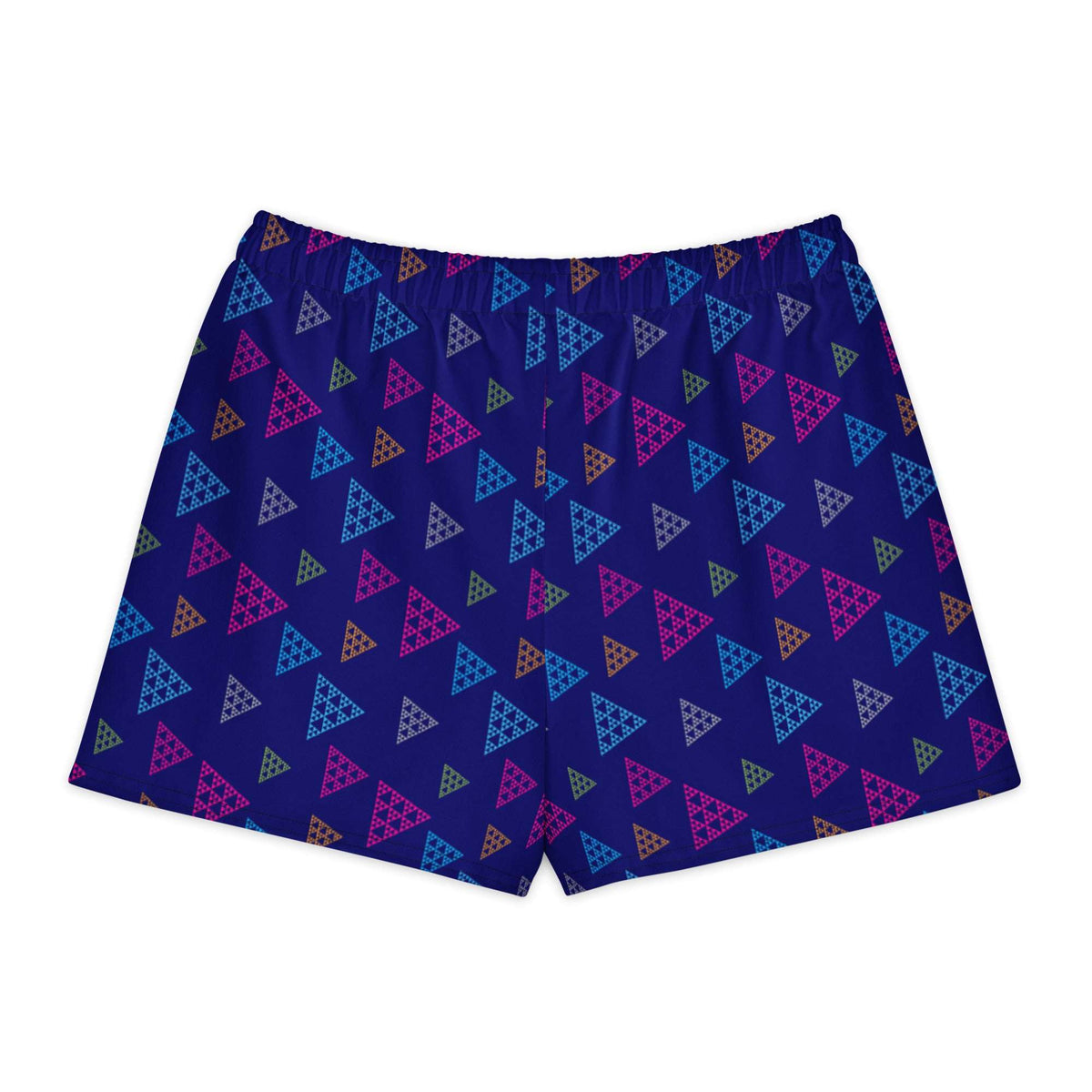 Shorts with a colorful triangle pattern on a blue background