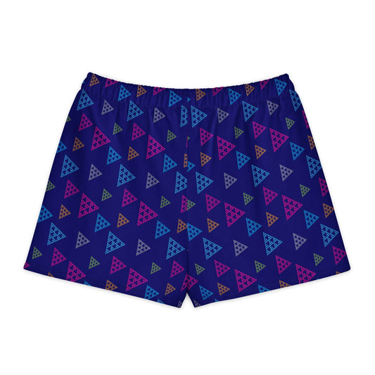 Shorts with a colorful triangle pattern on a blue background