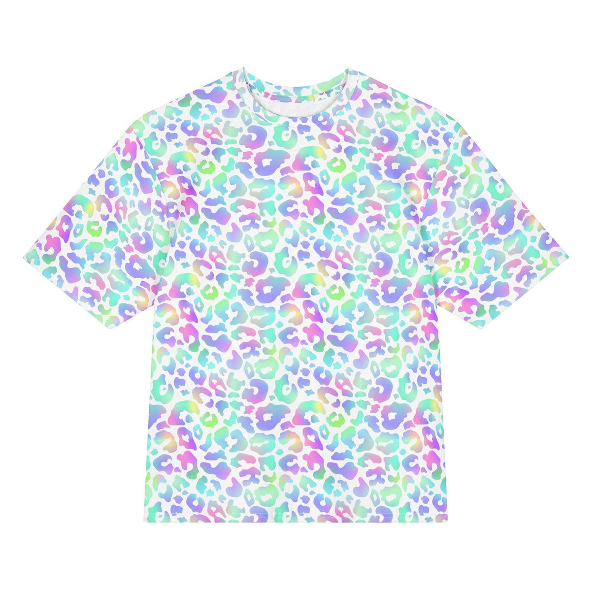 T-shirt with a colorful leopard print pattern on a white background