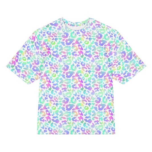 T-shirt with a colorful leopard print pattern on a white background