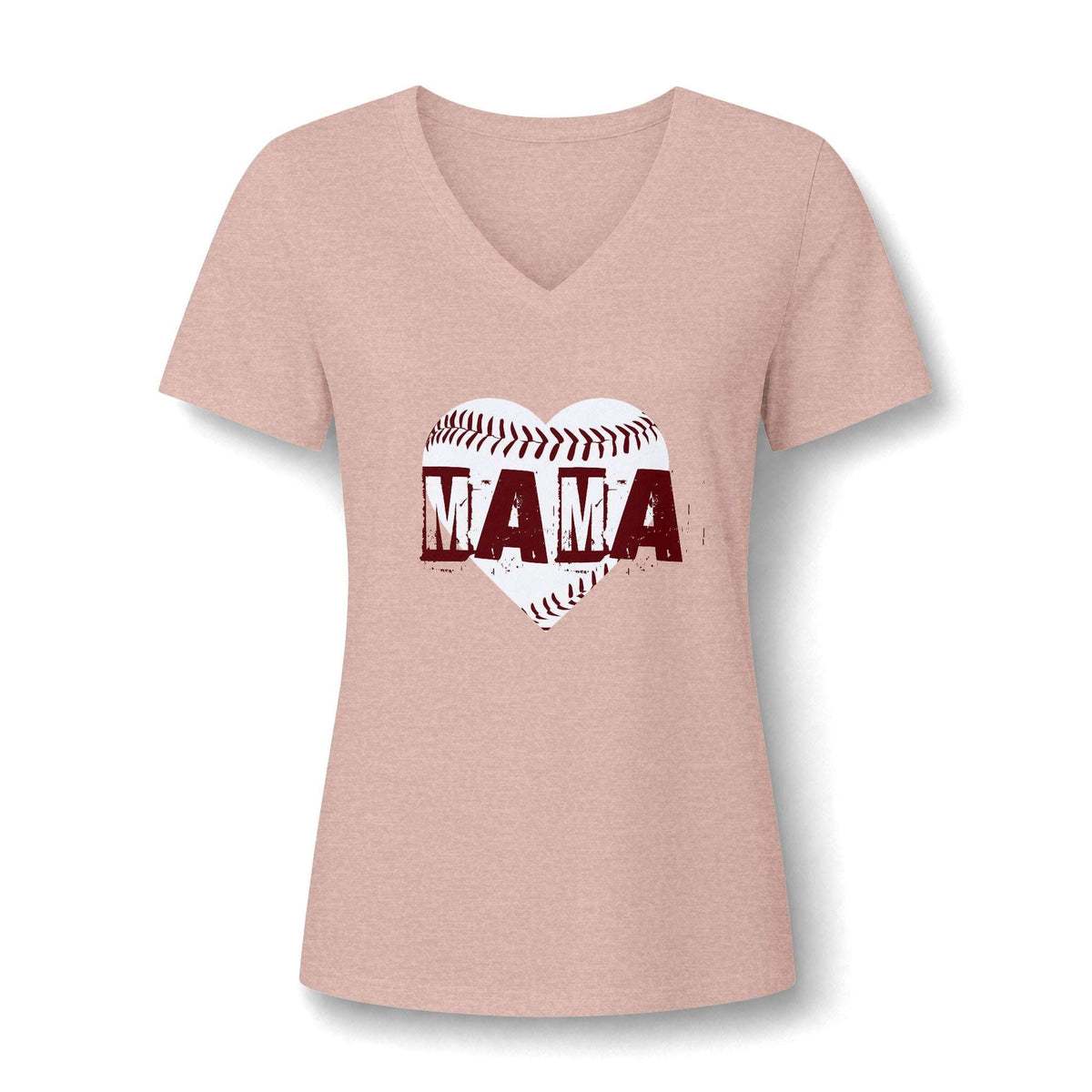 A women's short-sleeve V-neck t-shirt in heathered dusty pink, featuring a graphic of a baseball heart with the word 'MAMA' printed across it in distressed dark red letters.