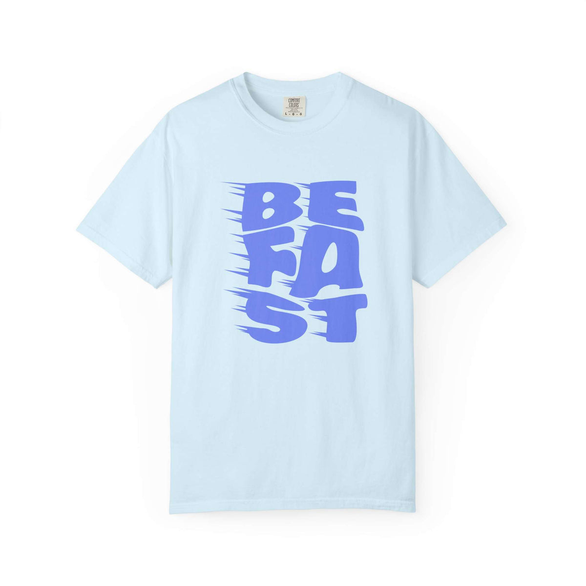 A light blue short-sleeve crewneck t-shirt featuring a bold graphic on the front that reads 'BE FAST' in blue with a motion-blur effect, displayed on a clean white background. Comfortable Bold Be Fast Typography Lettering Graphic T-Shirt Casual Wear