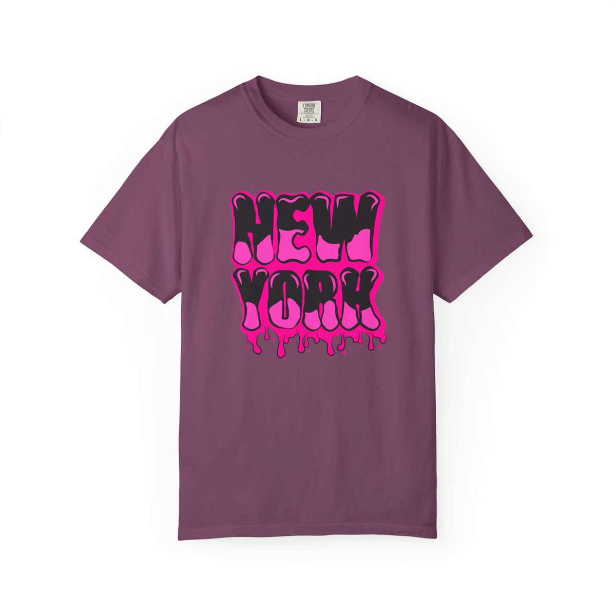 A short-sleeve crewneck t-shirt in a muted plum purple color, featuring a bold graphic on the chest that reads 'NEW YORK' in dripping hot pink letters with black outlines, set against a plain white background. Comfortable Bold Graffiti Lettering New York Typography T-Shirt for Casual Wear