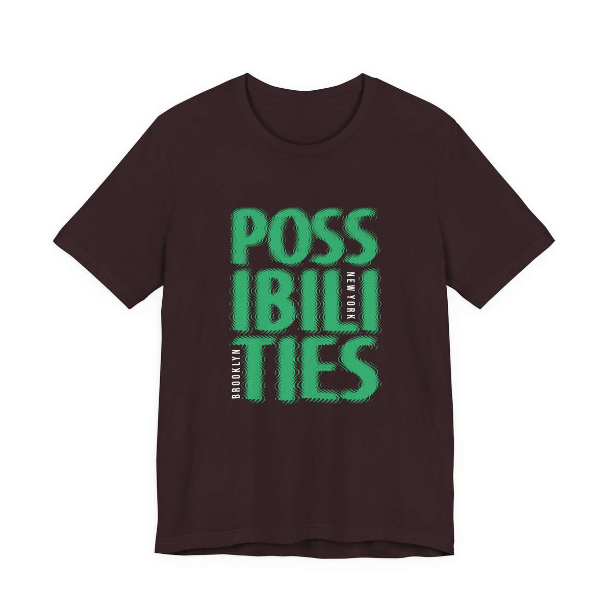 A black short-sleeve crewneck t-shirt featuring a bold green graphic print on the front that reads 'POSSIBILITIES' with 'NEW YORK' printed vertically in white. Comfortable Bold Possibilities New York City Brooklyn T-Shirt for Casual Wear