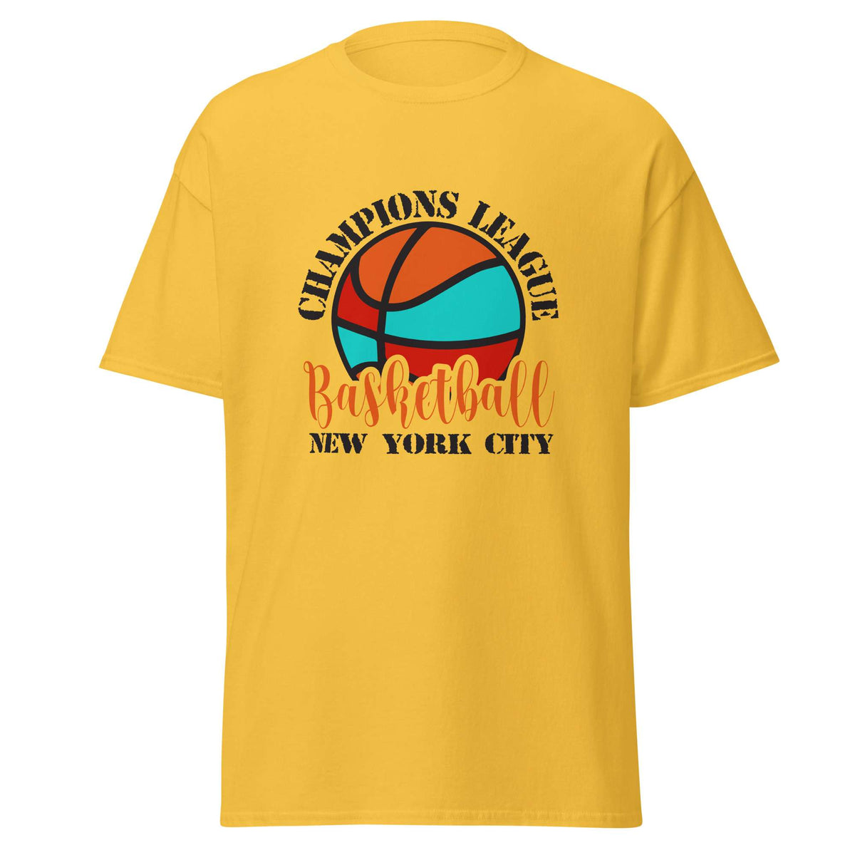 A yellow short-sleeve t-shirt with a graphic on the chest featuring a stylized basketball and the text 'CHAMPIONS LEAGUE Basketball NEW YORK CITY' in orange and black. Comfortable Champions League Basketball New York City T-Shirt for Casual Wear