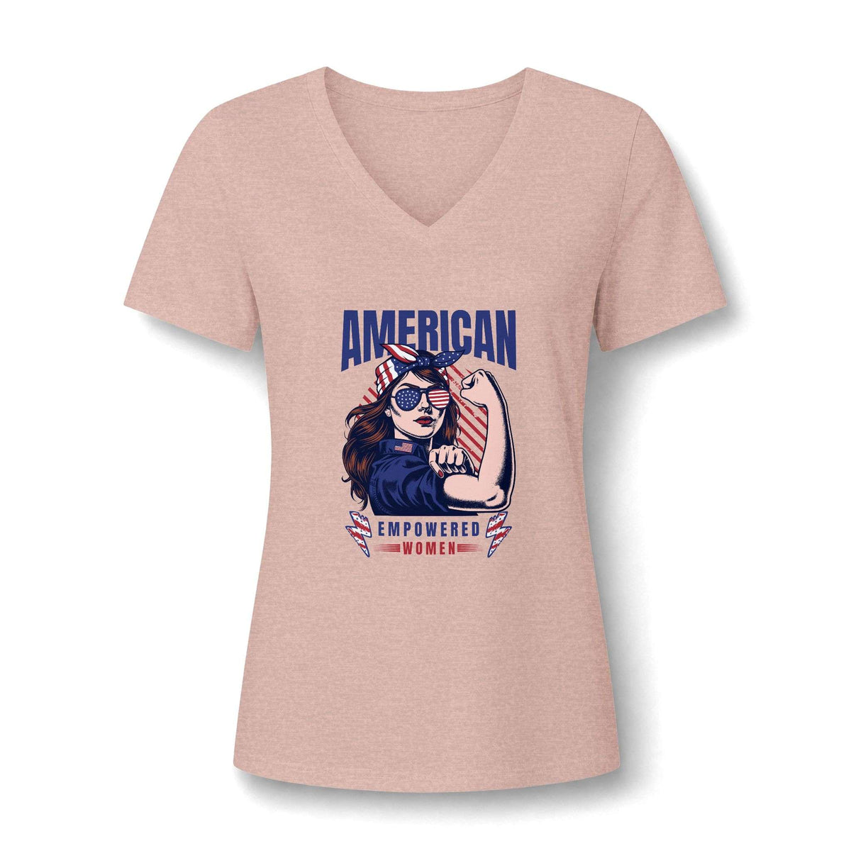 A women's heather pink V-neck t-shirt featuring a 'Rise Up' style graphic of a woman with sunglasses and the text 'AMERICAN EMPOWERED WOMEN' in blue, red, and white.