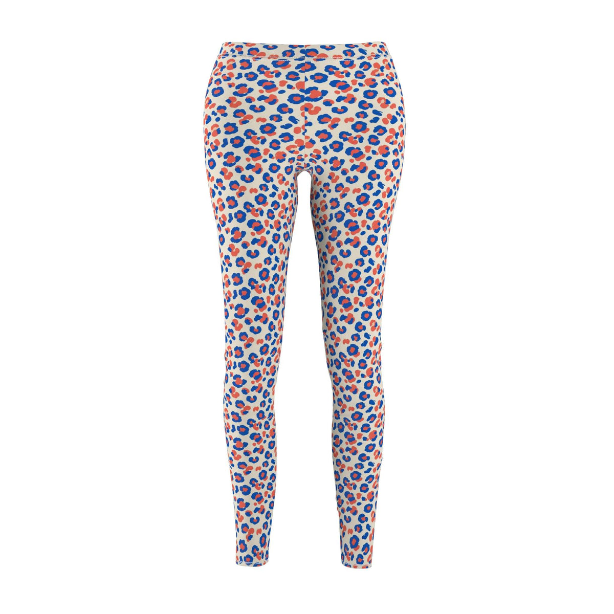 A pair of high-waisted leggings with an all-over abstract leopard-like spot pattern in blue, orange, and cream on a white background. Comfortable Colorful Pastel Leopard Print Leggings Casual Wear