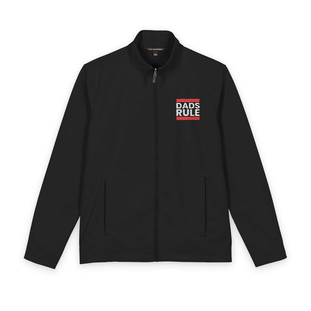 A black zip-up jacket with a small red and white graphic on the left chest reading 'DADS RULE' with 'BOSTON' above and below, displayed on a clean white background.