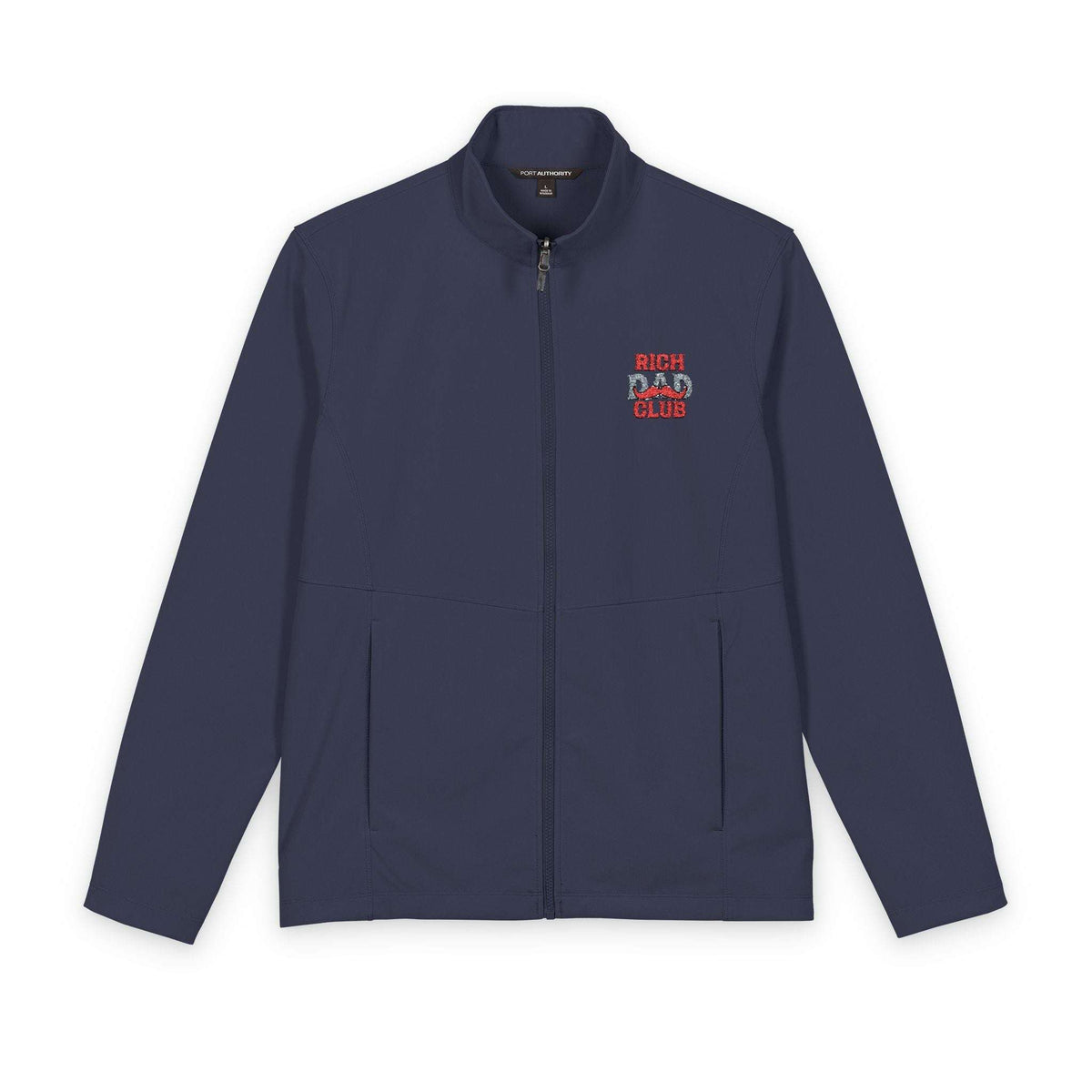 A navy blue zip-up jacket with a stand collar, featuring a small embroidered graphic on the left chest that reads 'RICH DAD CLUB' in red and white. The jacket is displayed flat against a solid white background.