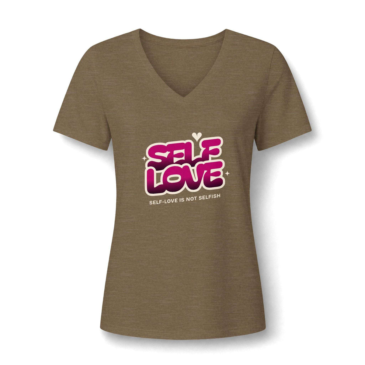 A women's short-sleeve V-neck t-shirt in heathered brown, featuring a graphic on the chest that reads 'SELF LOVE' in pink and white bubble letters with the subtitle 'SELF-LOVE IS NOT SELFISH!' underneath.