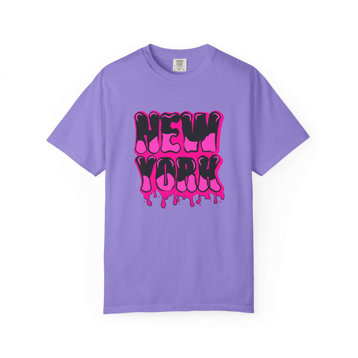 A purple short-sleeve crewneck t-shirt featuring a 'NEW YORK' graphic in dripping hot pink and black bubble letters on the chest, displayed against a clean white background. Cool Bold Graffiti Lettering New York Typography T-Shirt for Casual Wear