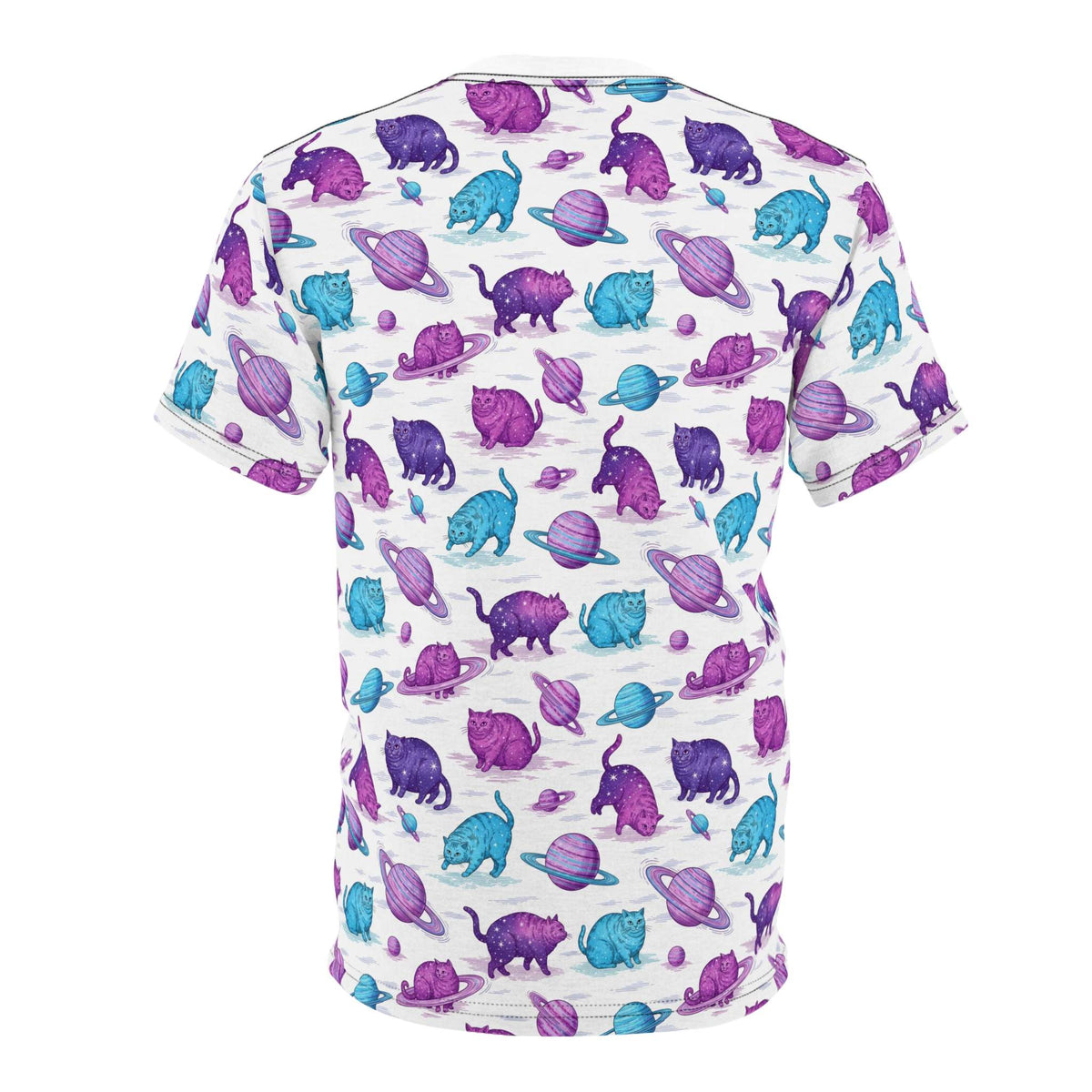 A white short-sleeve t-shirt with an all-over repeating print of purple and blue cats with planets and rings, shown against a plain white background. Cool Chubby Cats Orbiting Planets Graphic T-Shirt for Casual Wear