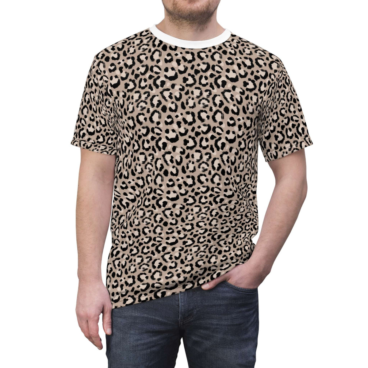 A man wearing a short-sleeve crewneck t-shirt with a beige and black leopard print pattern, paired with dark blue jeans, shown against a plain white background. Cool Comfortable Leopard Print T-Shirt for Casual Wear