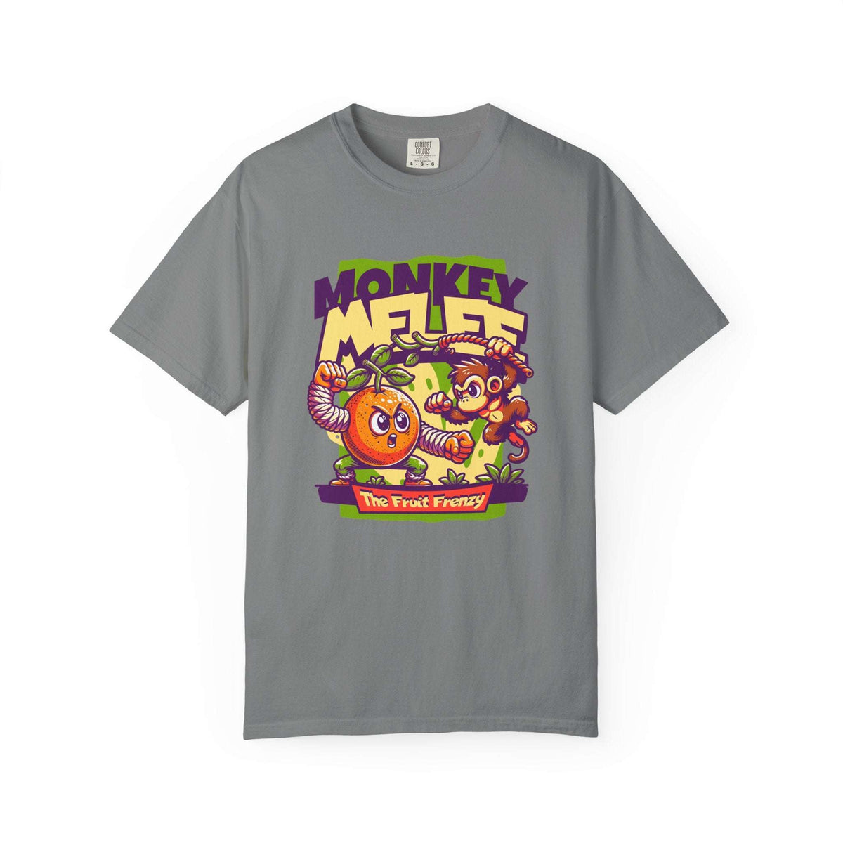 A gray short-sleeve crewneck t-shirt featuring a colorful graphic print on the front with the text 'MONKEY MELEE' and cartoon illustrations of a monkey, a banana, and a banana peel. Cool Monkey Melee The Fruit Frenzy Graphic T-Shirt for Casual Wear
