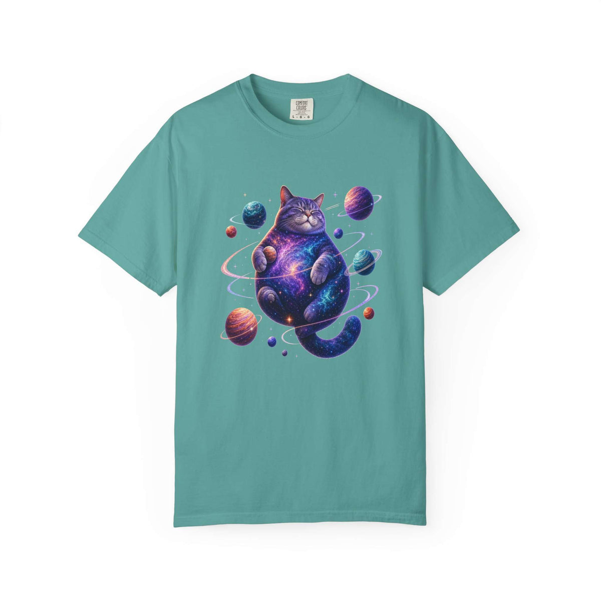 A teal short-sleeve crewneck t-shirt featuring a colorful graphic of a cosmic, galaxy-patterned cat surrounded by planets, displayed on a clean white background. Cosmic Celestial Feline: Space-Themed Cat T-Shirt for Casual Wear