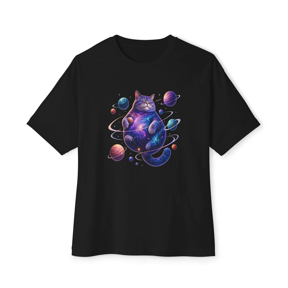 A black short-sleeve crewneck t-shirt featuring a colorful graphic of a cosmic, galaxy-patterned cat surrounded by planets, displayed on a clean white background. Cosmic Kitty Apparel Funny Cosmic Cat Unisex Oversized Boxy T-Shirt Casual Wear