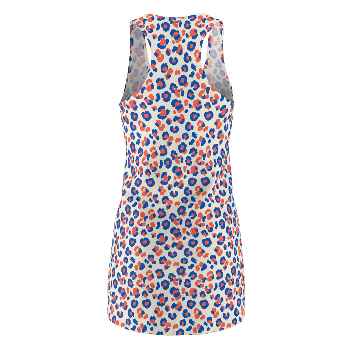 A sleeveless tank top dress featuring a colorful leopard print pattern with blue, orange, and red spots on a white background. Cute Comfortable Colorful Leopard Print Women's Racerback Dress
