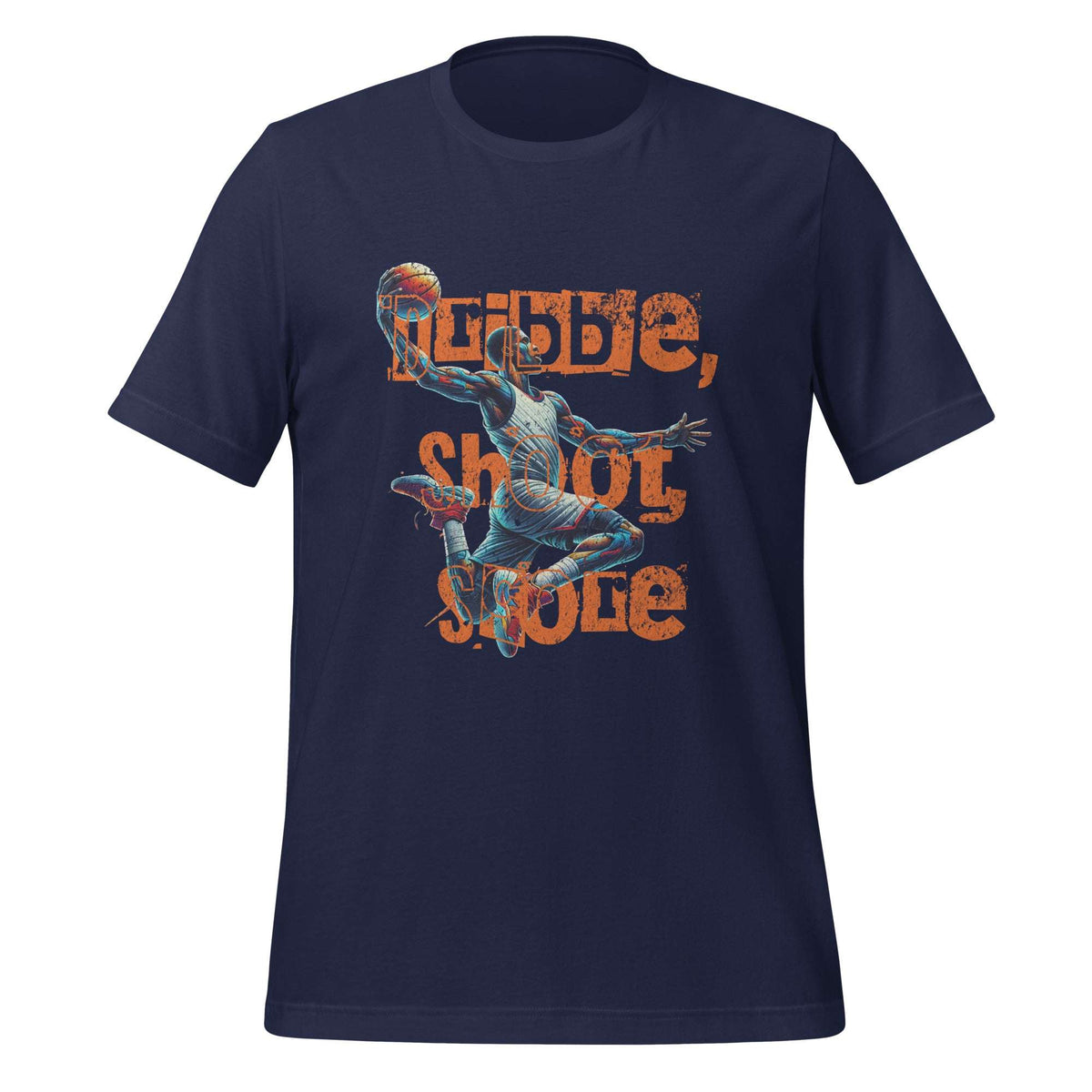 A navy blue short-sleeve t-shirt with a graphic print of a basketball player and the text 'REBUE, SHOOT, SCORE' in orange. Dribble and Score with This Trendy Basketball Shirt