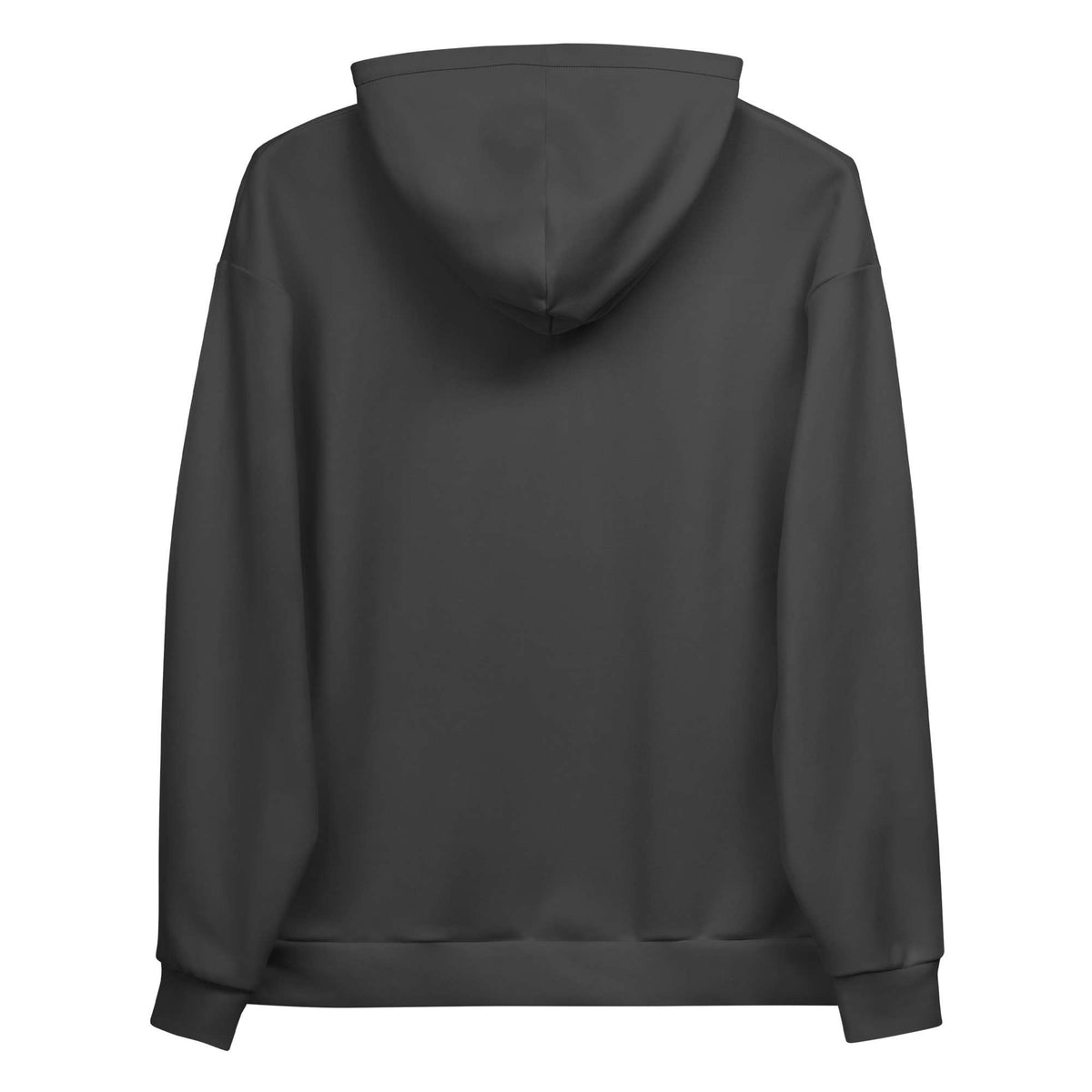 A dark gray hoodie shown from the back, featuring a simple stitched seam down the center back, ribbed cuffs, and a ribbed hem, set against a plain white background. Durable Minimalist Solid Jet Black Hoodie for Casual Wear