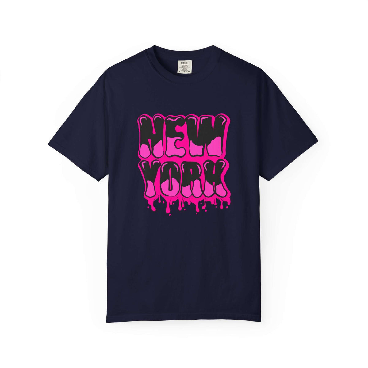 A navy blue short-sleeve crewneck t-shirt featuring a central graphic of a cute puppy wearing a pink hat and holding a red heart, set against a plain white background. Elegant Bold Graffiti Lettering New York Typography T-Shirt for Casual Wear