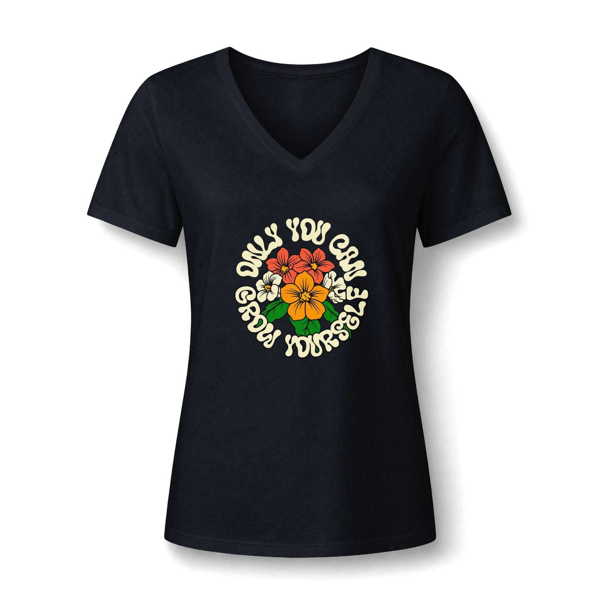 A women's black V-neck t-shirt with a colorful graphic on the chest. The graphic features a central cluster of red, orange, and yellow flowers with green leaves, surrounded by the text 'ONLY YOU CAN LOVE YOURSELF' in a cream-colored retro font, all set against a plain white background.