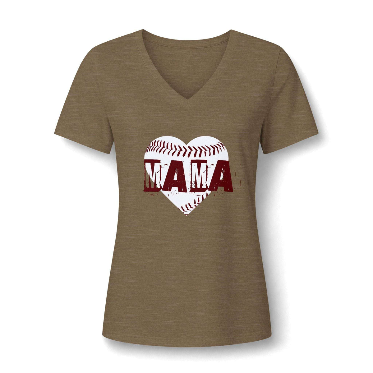 A women's short-sleeve V-neck t-shirt in heathered brown, featuring a graphic of a baseball heart with the word 'MAMA' printed across it in dark red.