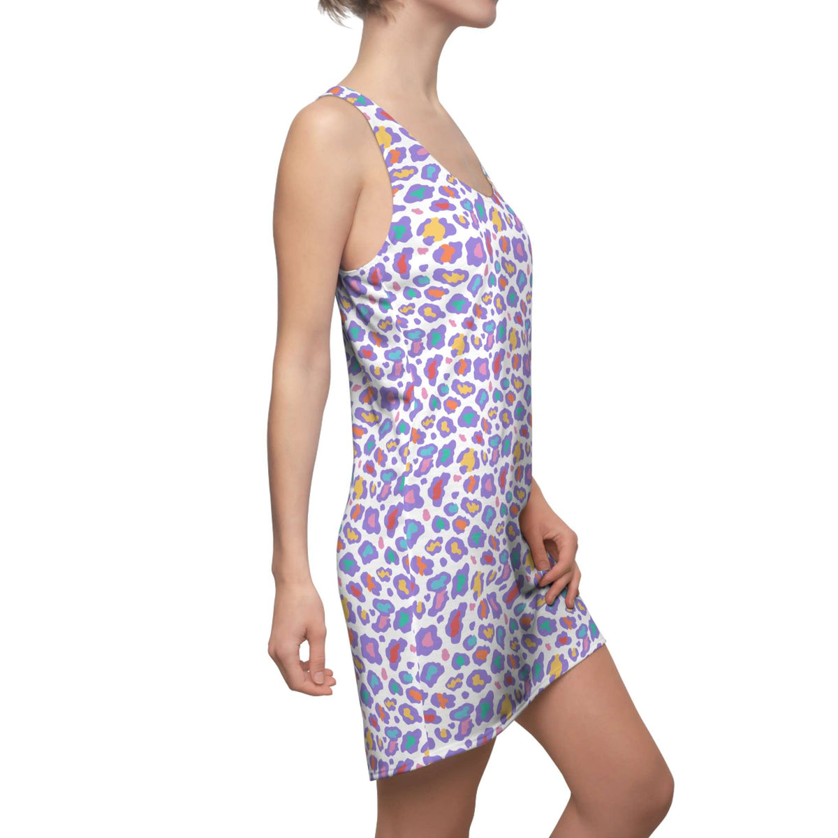 A sleeveless V-neck mini dress with a colorful leopard print pattern, shown on a model against a plain white background. Elegant Pastel Bold Rainbow Leopard Print Women's Racerback Dress for Casual Wear