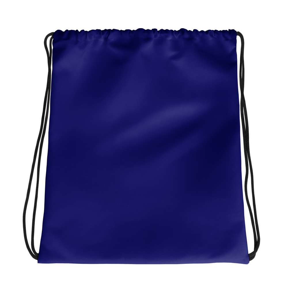 A plain blue drawstring backpack or gym sack with black cords, shown against a solid white background. Essential Bold Compact Minimalist Solid Midnight Blue Drawstring Bag
