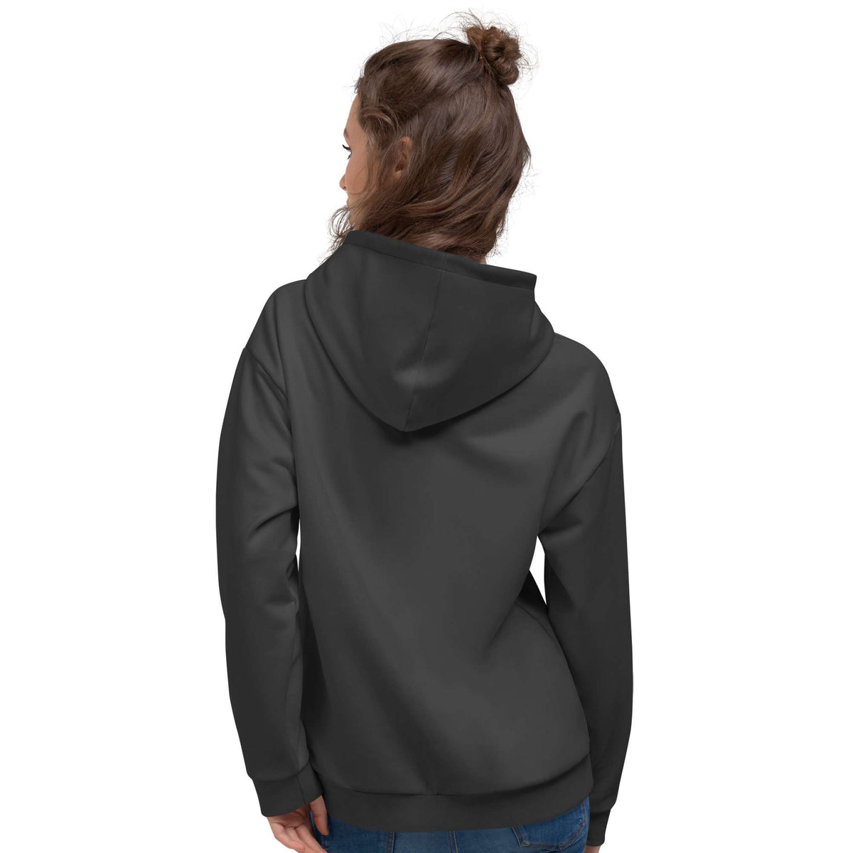 A woman viewed from the back wearing a dark charcoal gray zip-up hoodie, paired with blue jeans, against a solid white background. Essential Minimalist Solid Jet Black Hoodie for Casual Wear